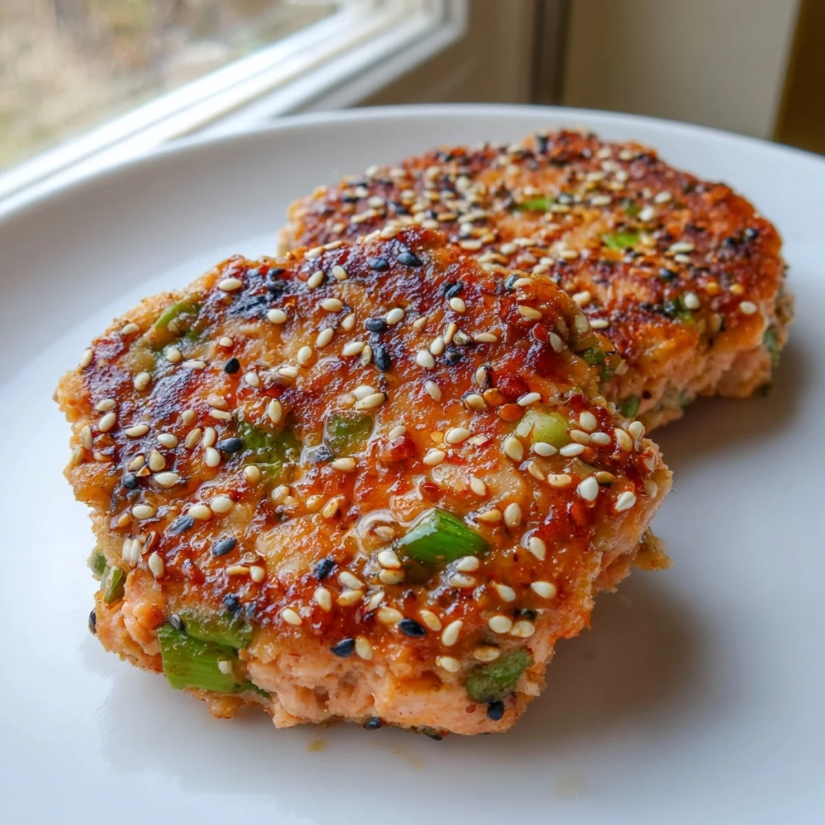 Spicy Harissa Sesame Salmon Patties served on a white plate with fresh cilantro and lemon wedges