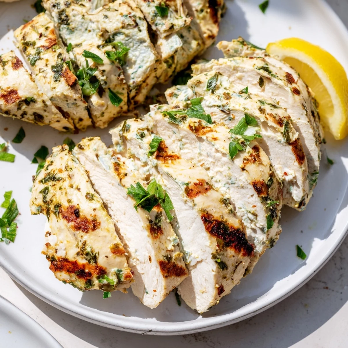 Juicy sliced Greek yogurt marinated chicken breast on a white plate with fresh lemon wedges