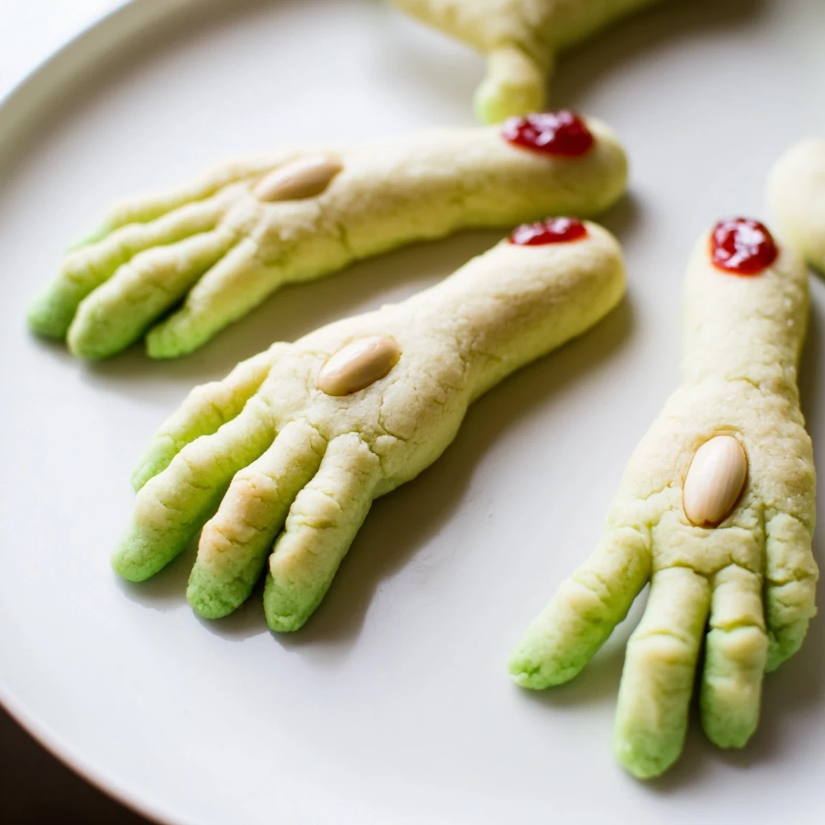 Golden Creepy Witch Finger Cookies arranged on parchment with jam blood drips