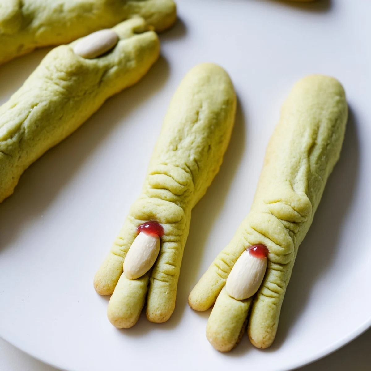 Creepy Witch Finger Cookies with bloody almond nails on a rustic baking sheet
