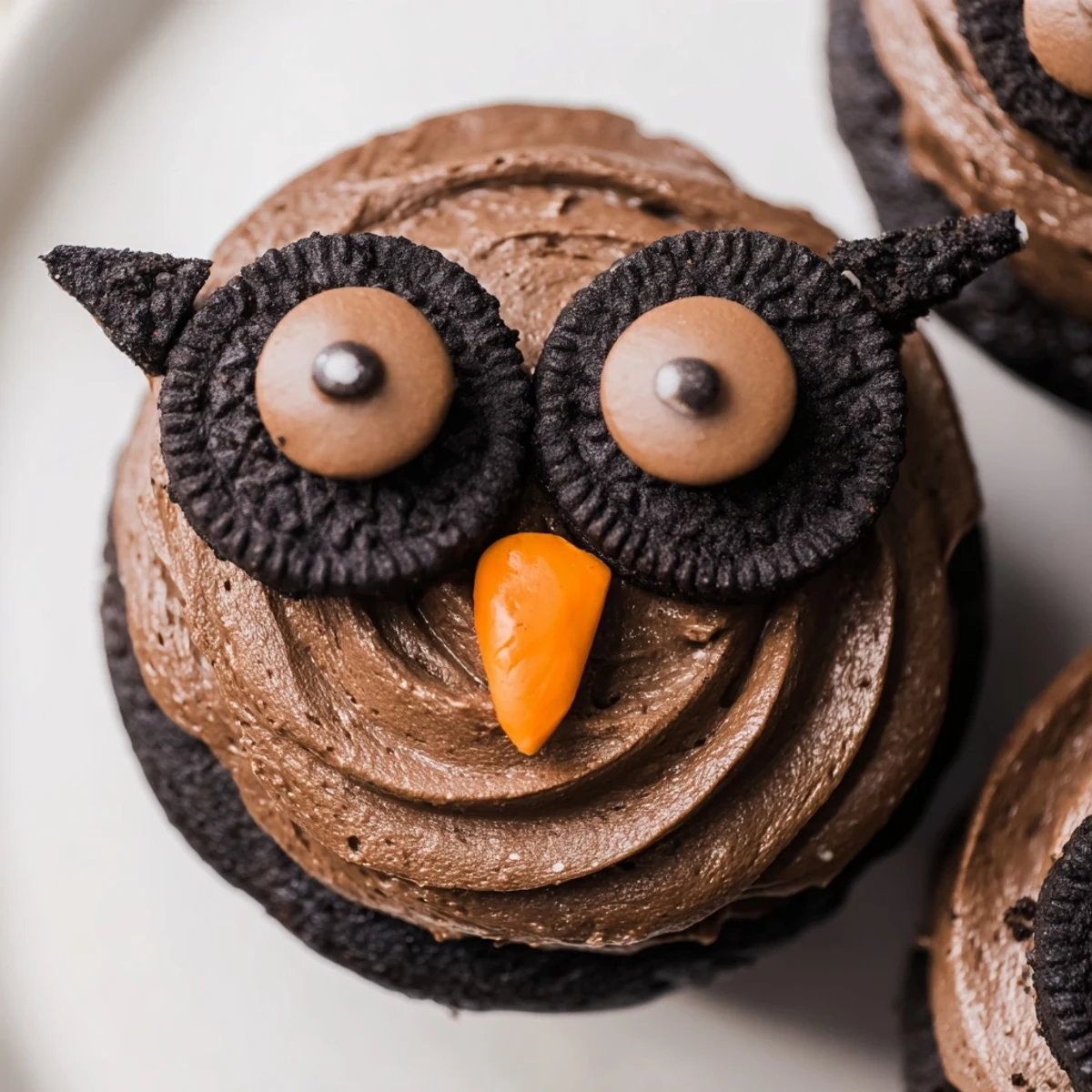 Oreo Owl Cupcakes topped with creamy chocolate frosting and cute cookie eyes