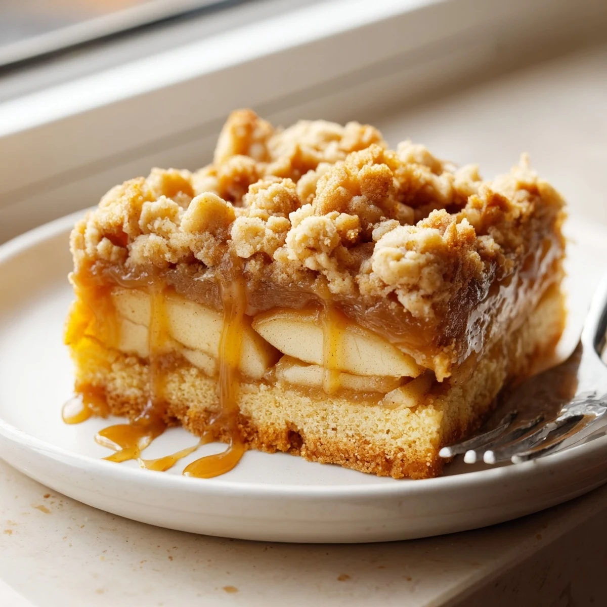 Golden caramel apple crumb bars with buttery streusel topping on a rustic cutting board