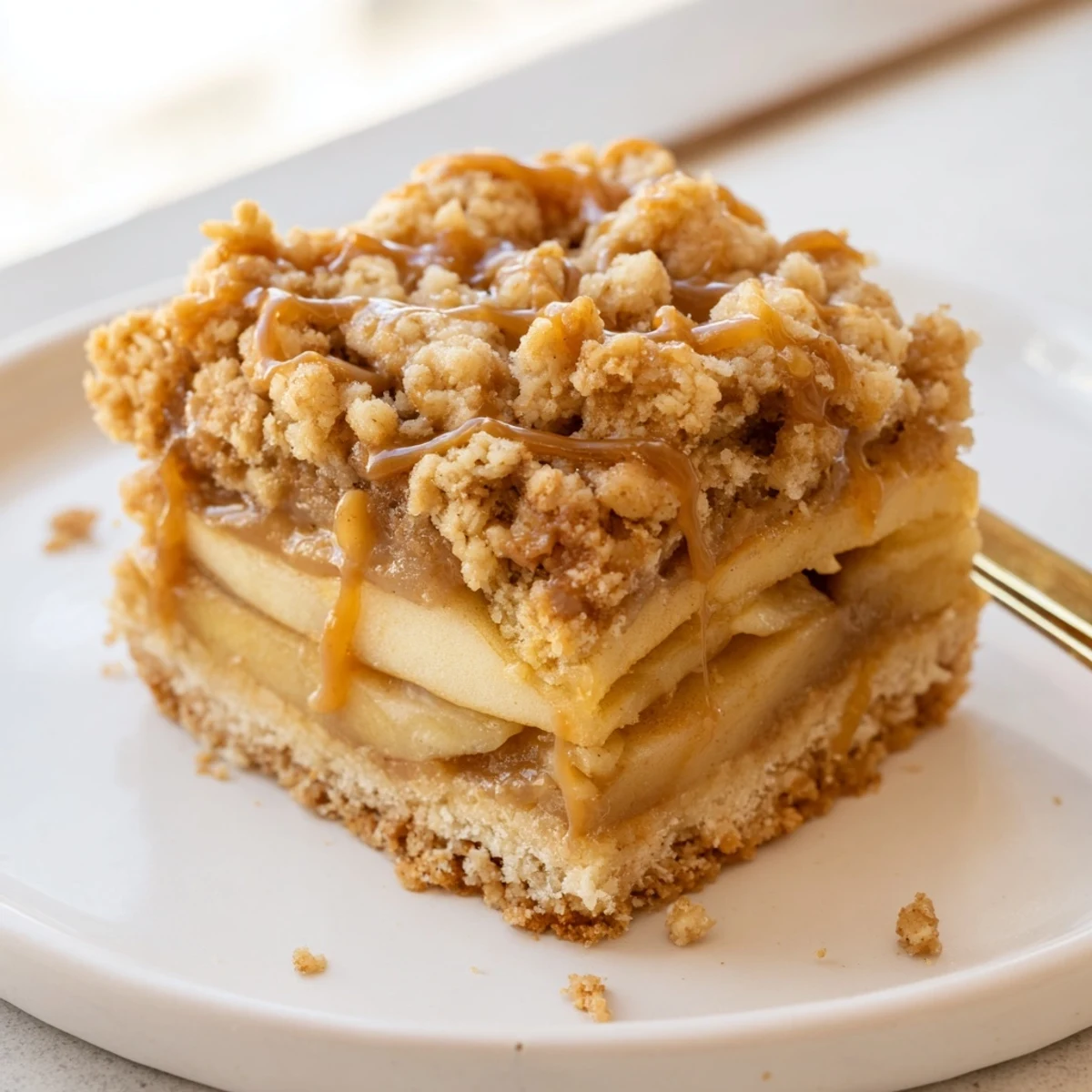 Chewy caramel apple crumb bars drizzled with extra caramel sauce on a fall-themed plate