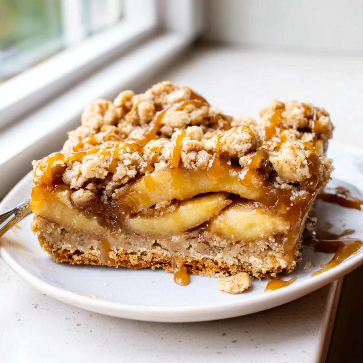 Warm caramel apple crumb bars sliced to reveal tender cinnamon-spiced apple filling