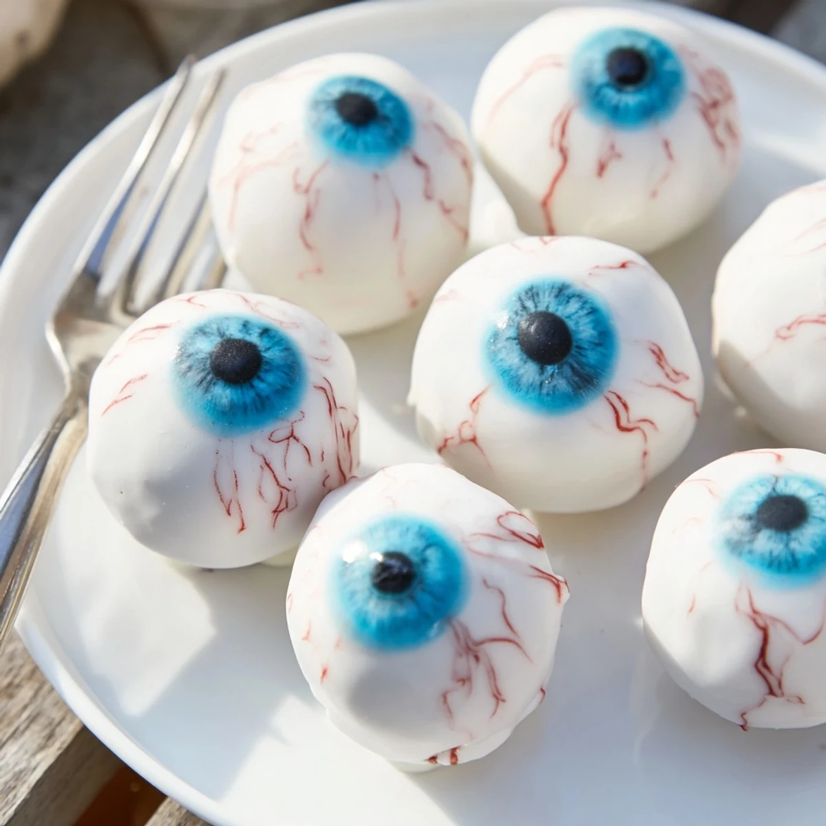 Creepy Halloween Cake Eyeballs arranged on a spooky dessert tray with gory red gel veins
