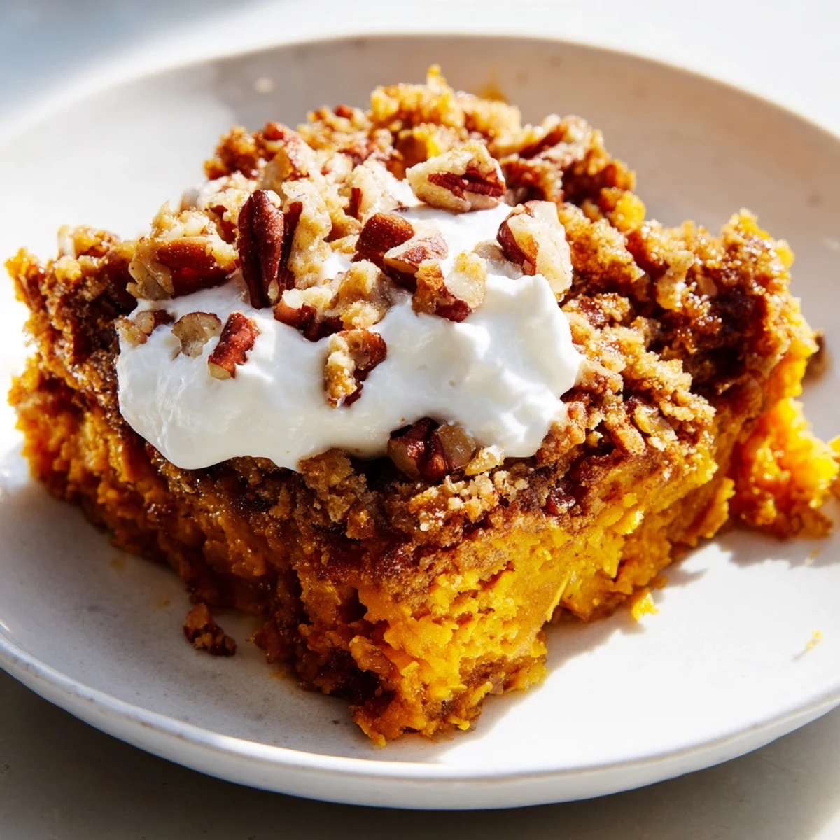 Golden pumpkin dump cake with spiced filling and buttery pecan crust, served warm