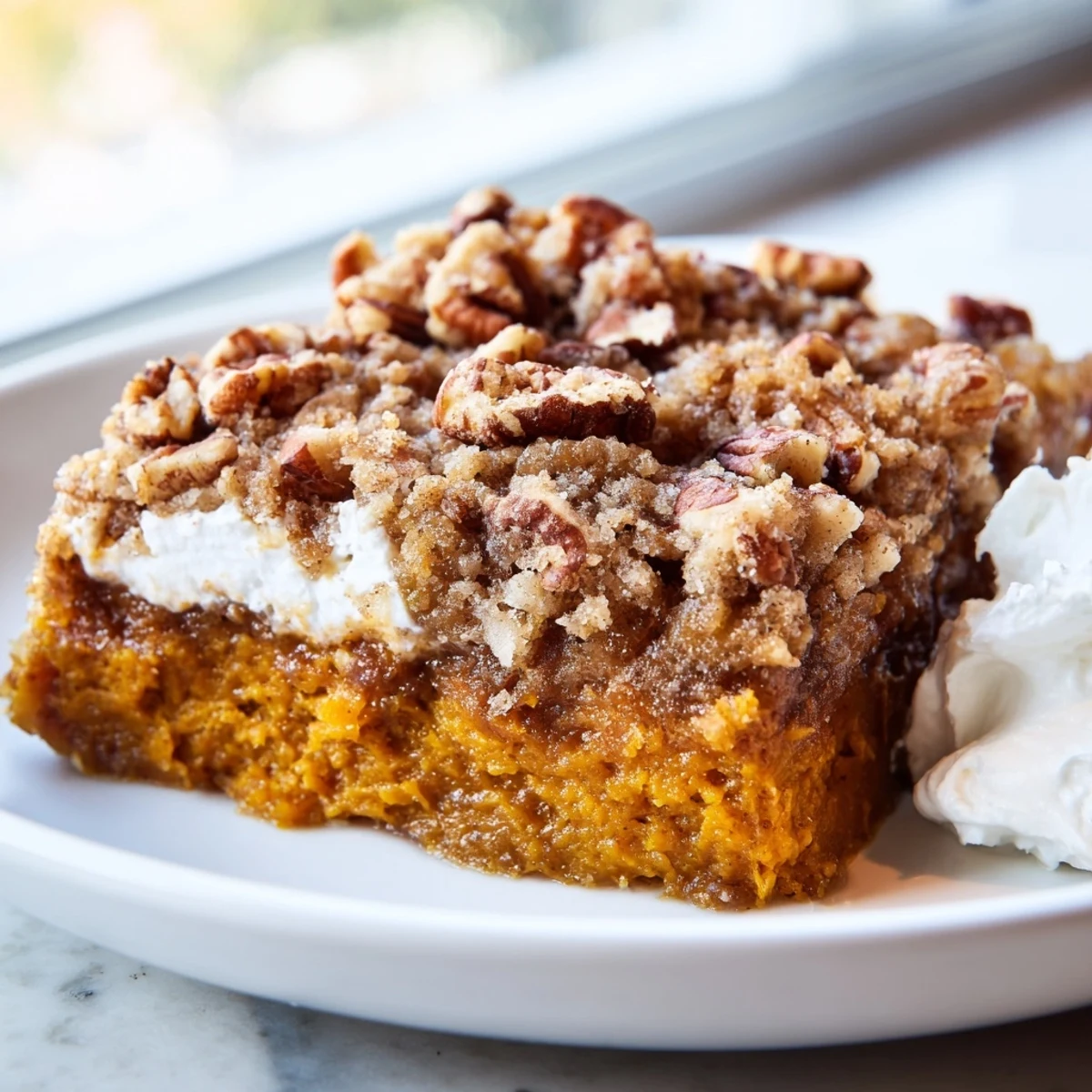 Homemade pumpkin dump cake with caramelized golden topping scooped onto a dessert plate