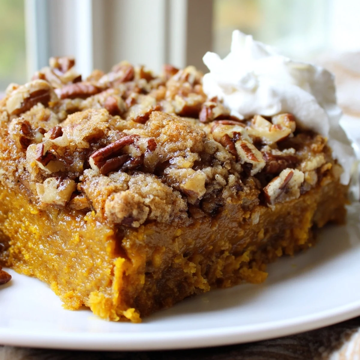 Creamy pumpkin dump cake sliced in a rustic baking dish with whipped cream