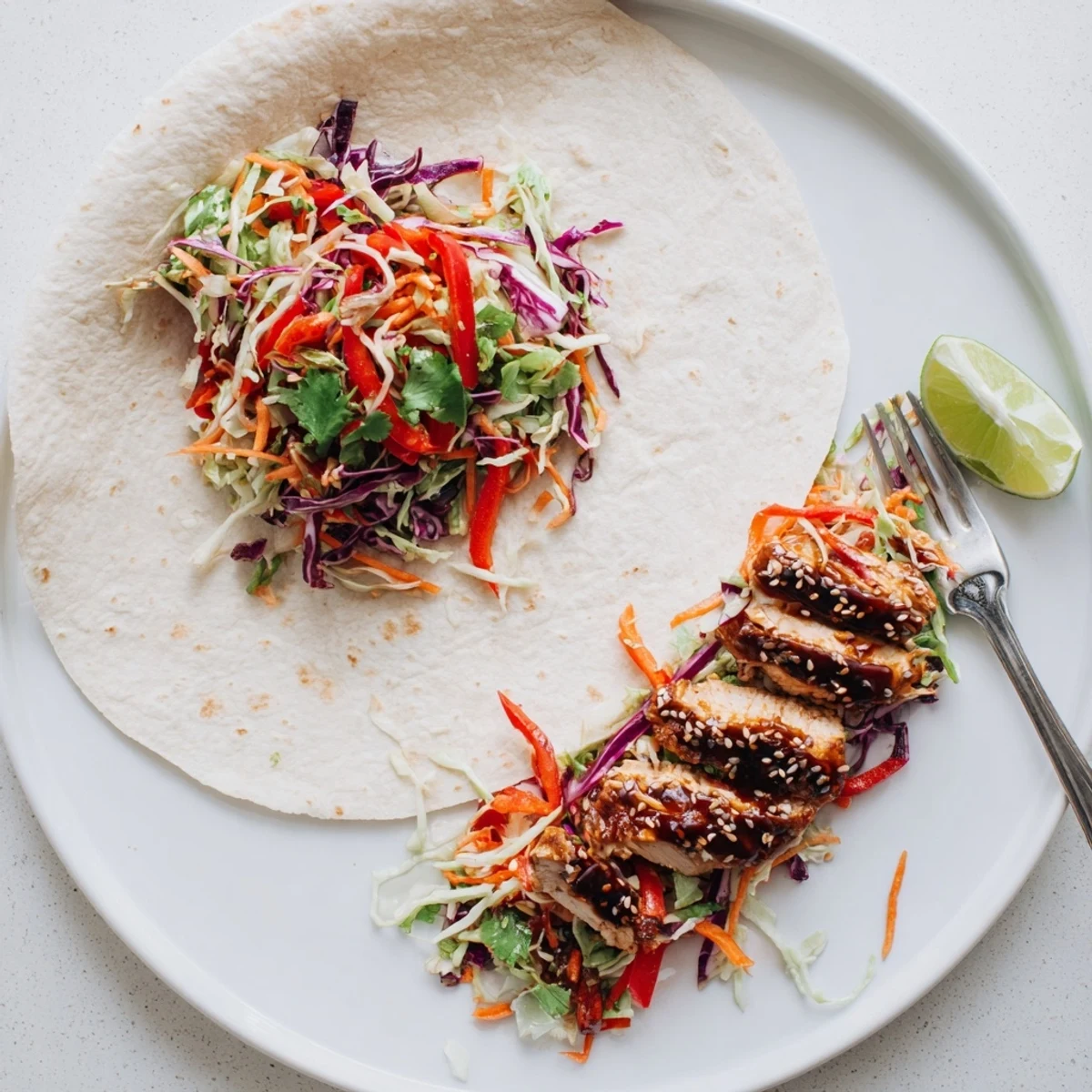 Juicy sliced chicken and crunchy Asian slaw wrapped in a warm flour tortilla