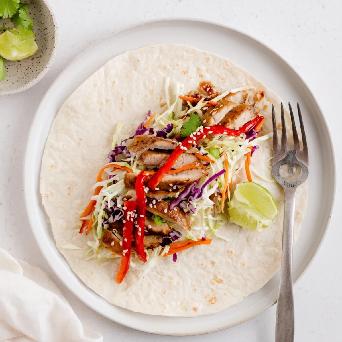 Grilled chicken strips tucked inside soft wraps alongside colorful red and green cabbage slaw