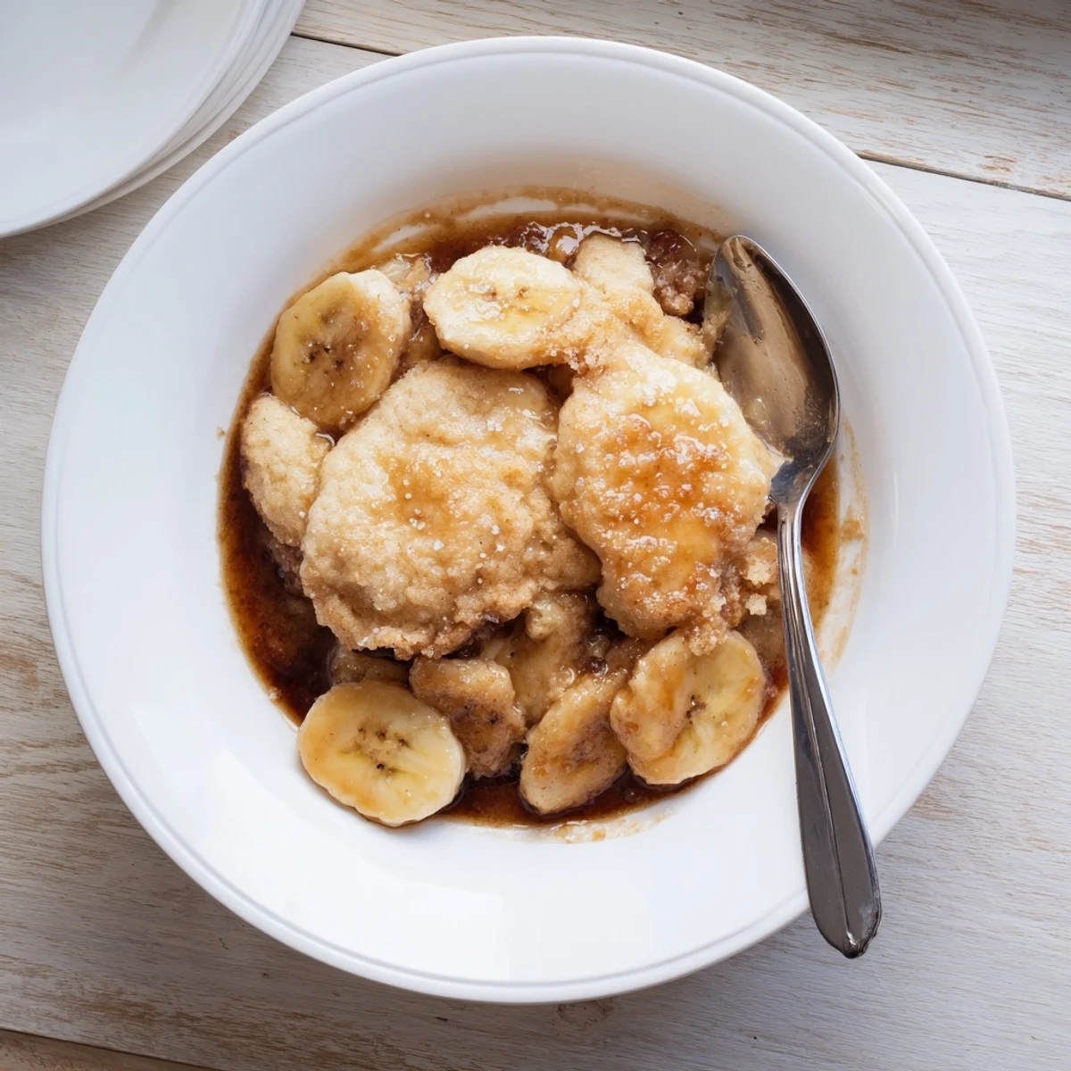 Golden Southern banana cobbler with bubbling fruit beneath a buttery, crunchy topping