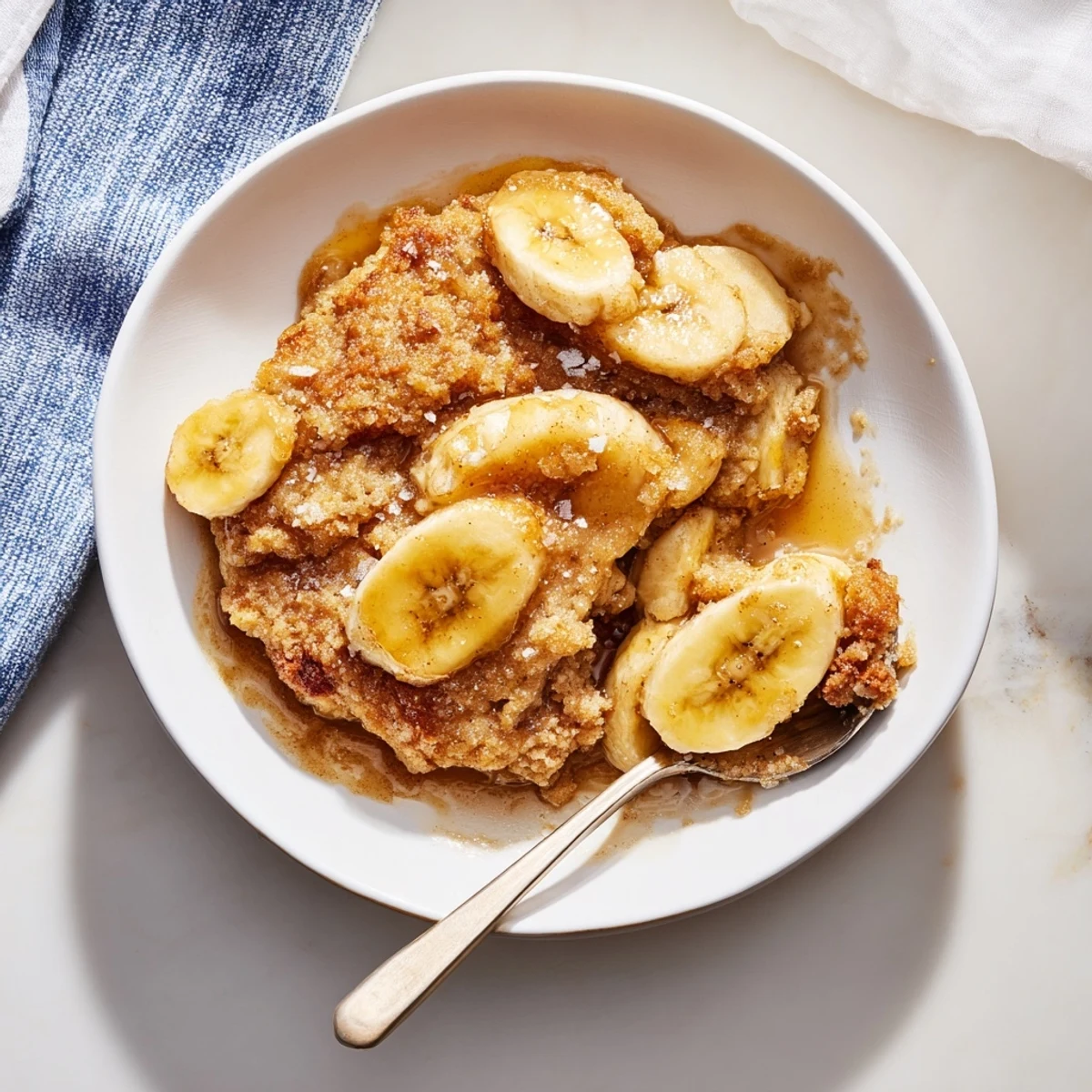 Warm Southern banana cobbler served in a dish with melting vanilla ice cream