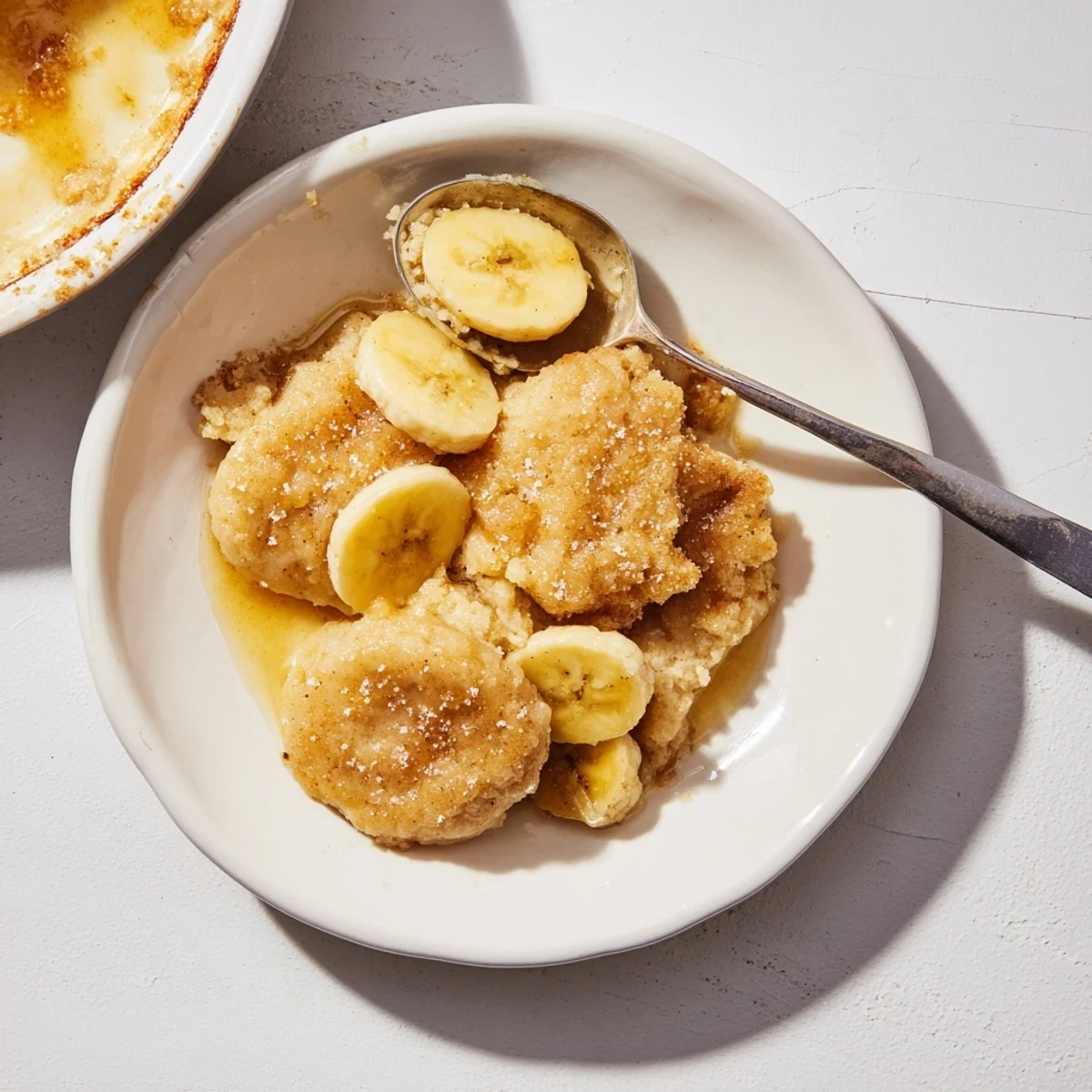 Ripe banana slices peeking through a golden baked Southern banana cobbler crust