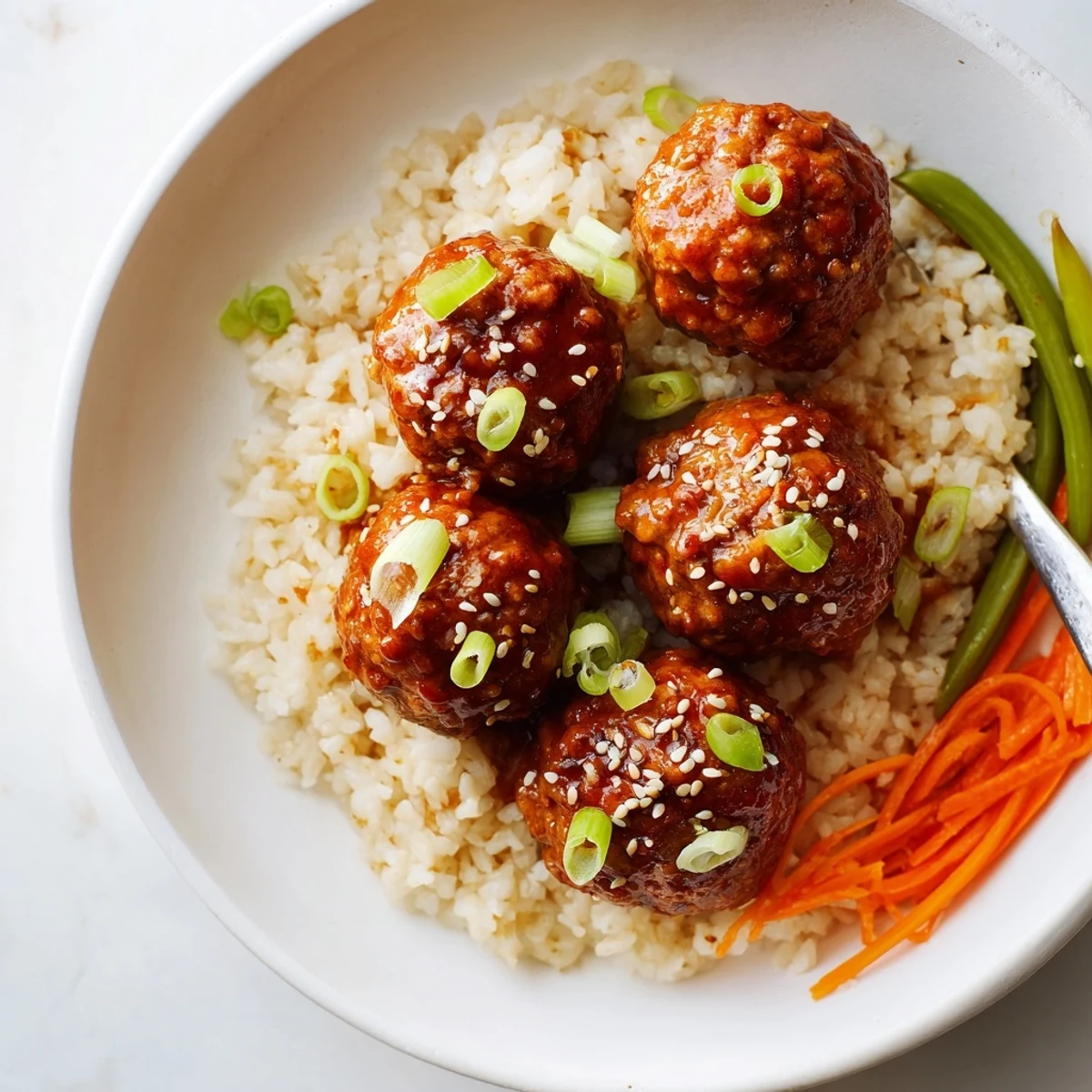 Hello Fresh Firecracker Meatballs glazed in sticky spicy sauce over fluffy jasmine rice