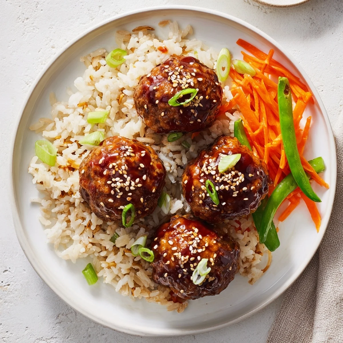Warm Hello Fresh Firecracker Meatballs tossed with sesame seeds, scallions, and sauce