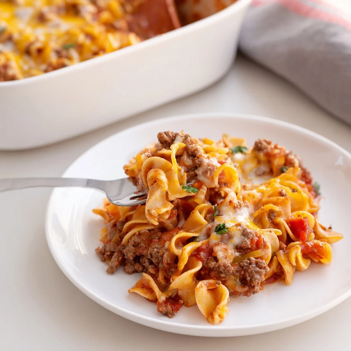 Beef Noodle Casserole bubbling with melted cheddar, rustic family-style dinner