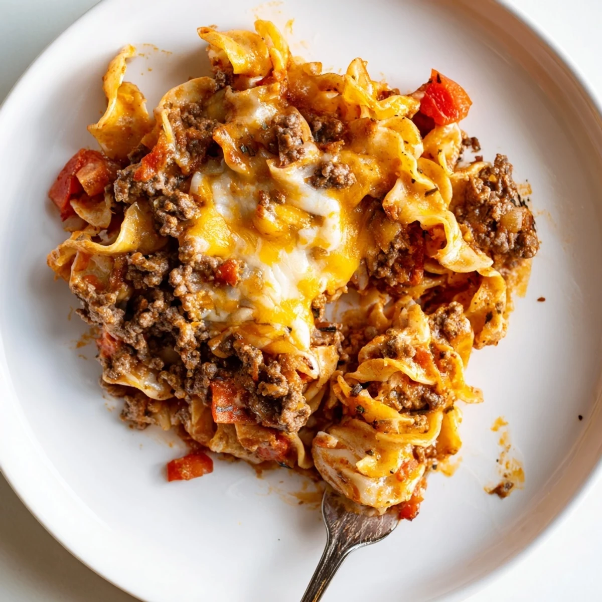 Sliced serving of Beef Noodle Casserole steaming, tomato-scented, paired with garlic bread