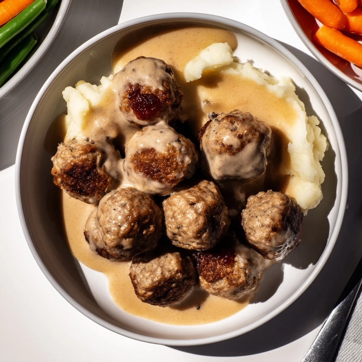 Homemade Ikea Meatballs glazed in creamy gravy, served over mashed potatoes.