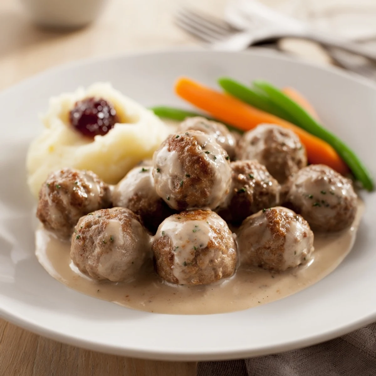 Plate of Homemade Ikea Meatballs topped with lingonberry jam, cozy family-style.