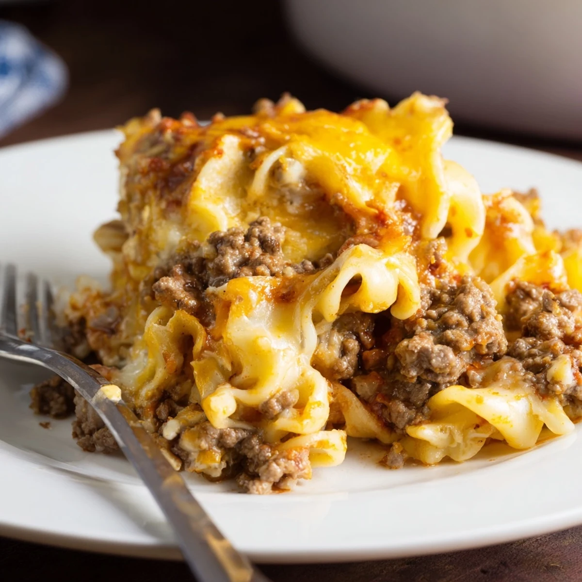 Beef Lombardi Casserole bubbling with melted cheddar, golden top, cozy family dinner