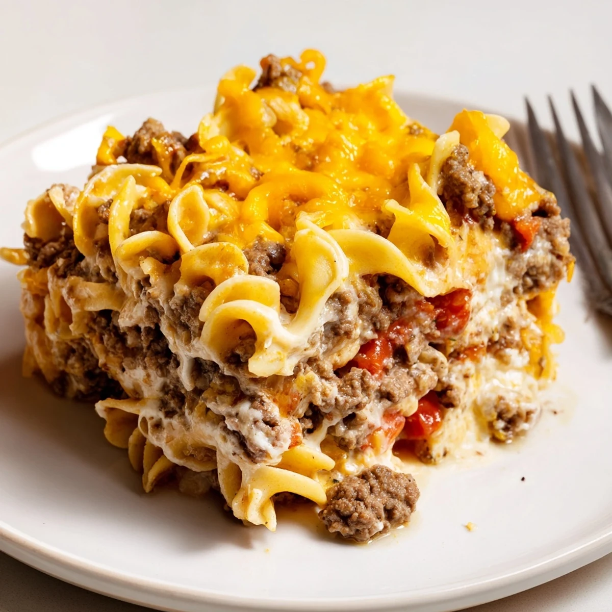 Beef Lombardi Casserole layered with egg noodles, tomato-simmered beef, aromatic Italian seasoning
