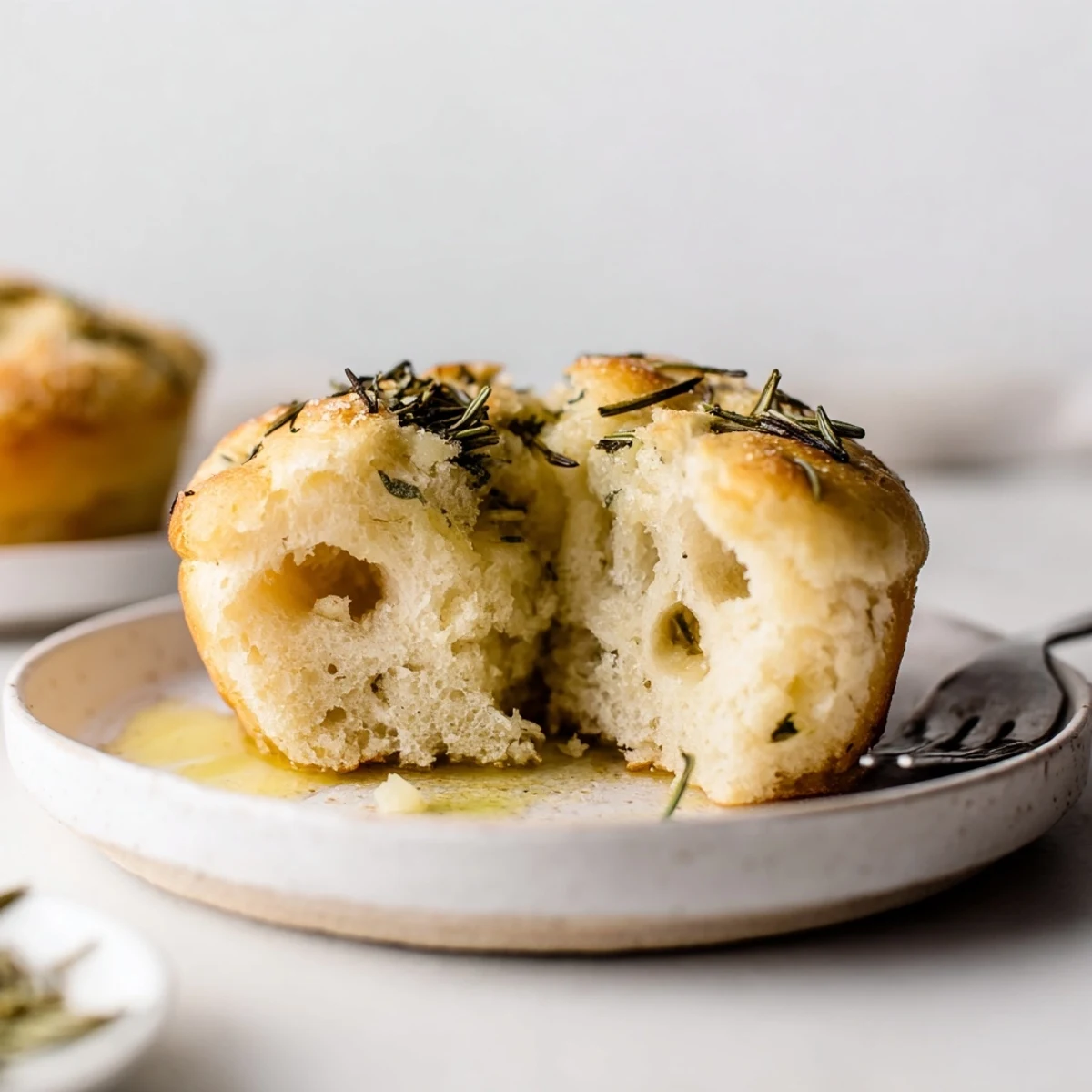 Garlic Rosemary Focaccia Muffins arranged beside soup bowl, perfect for dipping