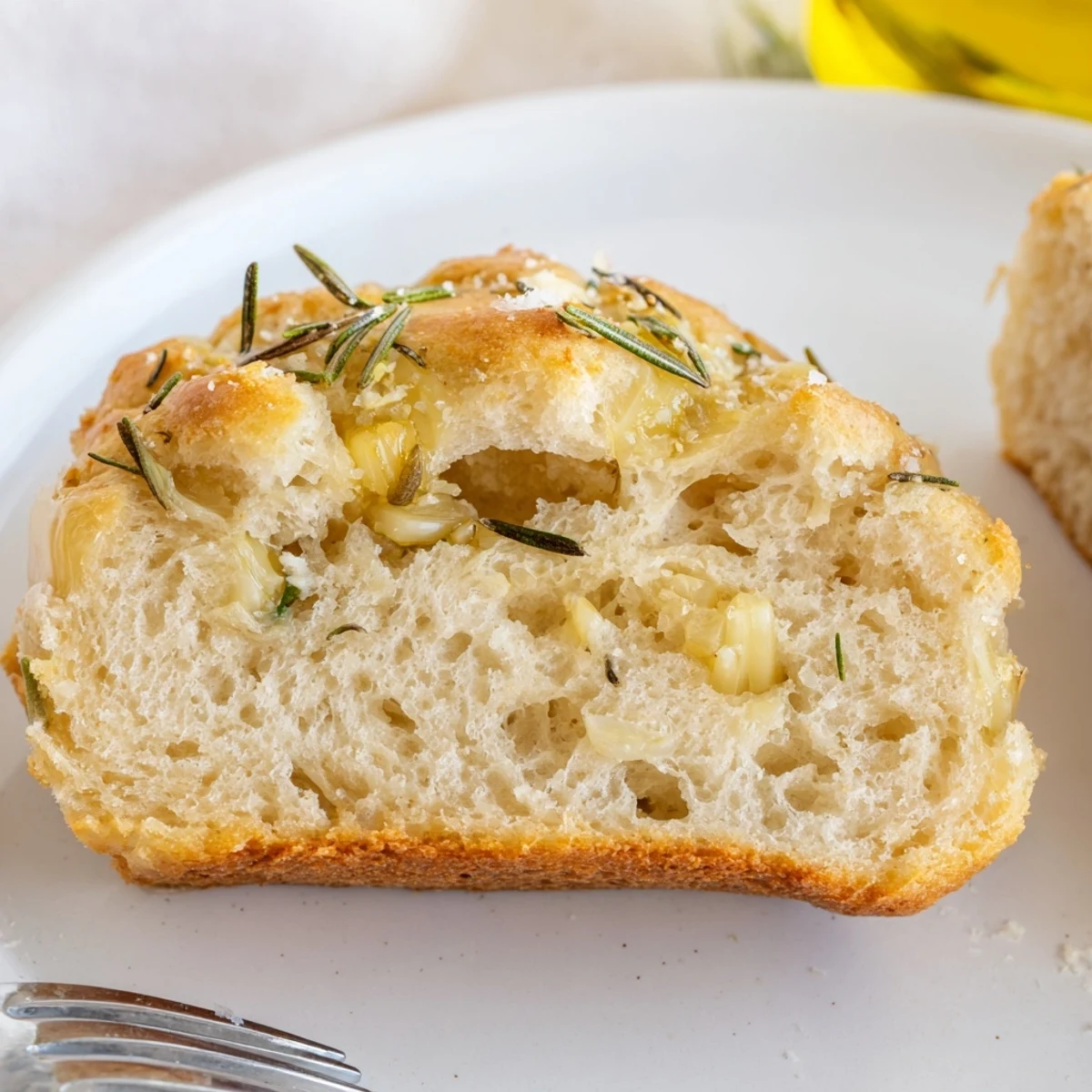 Hands pulling apart Garlic Rosemary Focaccia Muffins, soft interior, garlicky aroma