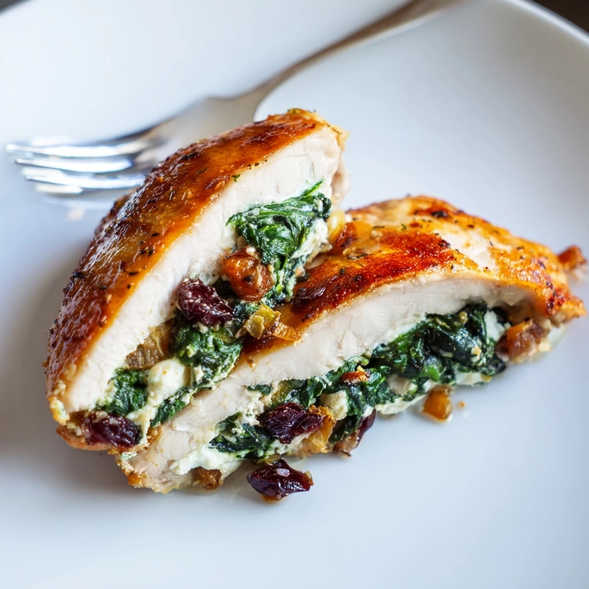 Cranberry Spinach Stuffed Chicken Breasts glistening, golden-baked with creamy filling and tart cranberries