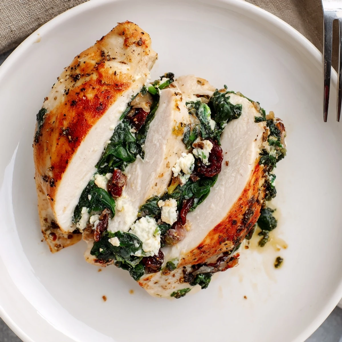 Sliced Cranberry Spinach Stuffed Chicken Breasts reveal spinach-cream filling, served alongside roasted vegetables
