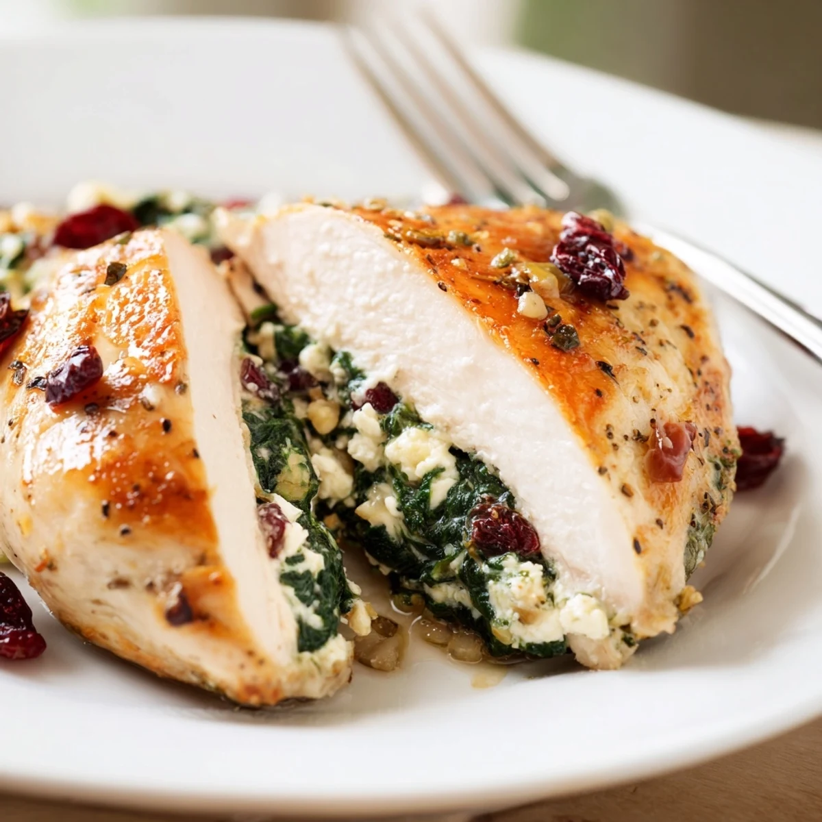 Aromatic Cranberry Spinach Stuffed Chicken Breasts baking at 375°F, resting five minutes before serving
