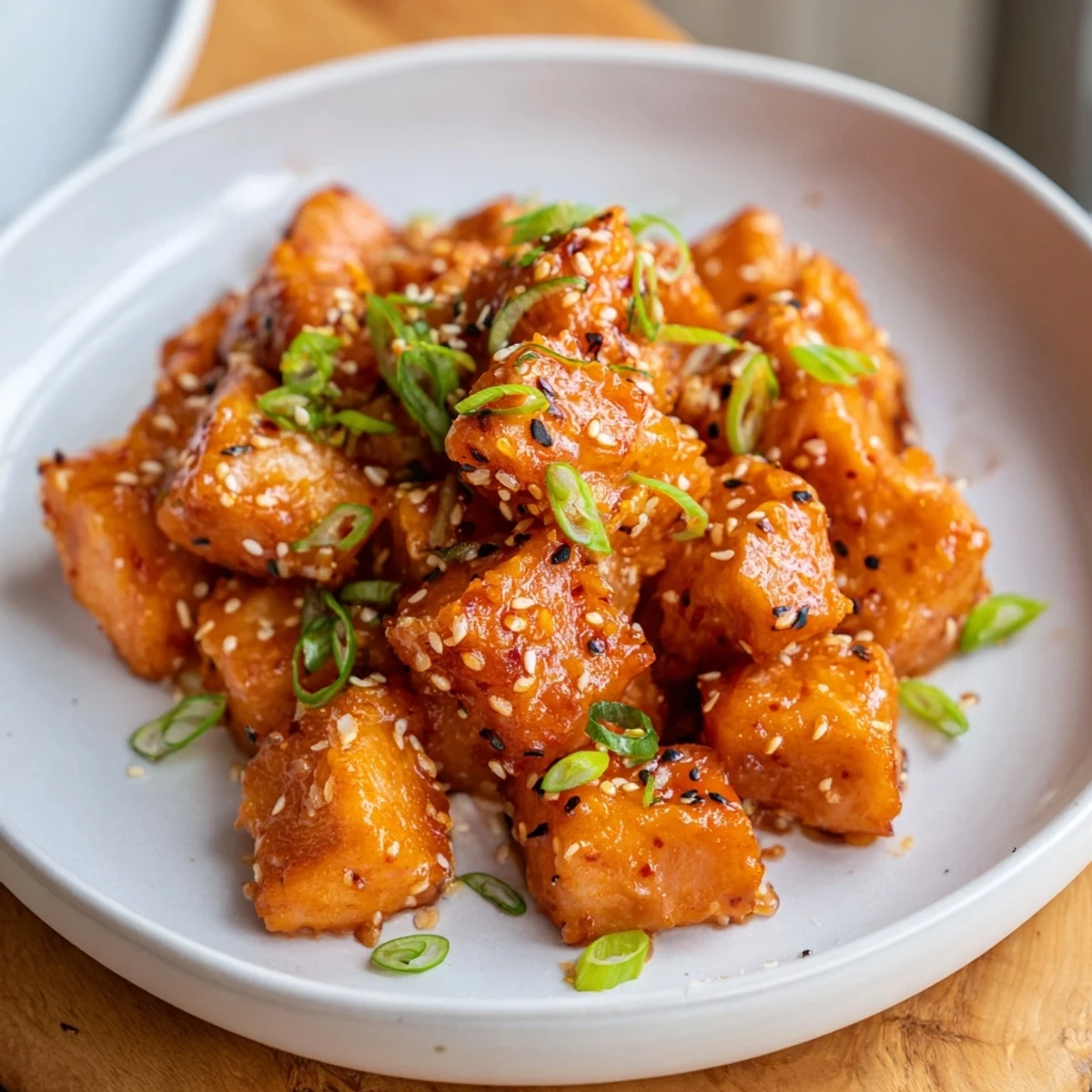 Bang Bang Salmon Bites Recipe: crispy golden cubes tossed in creamy spicy sauce