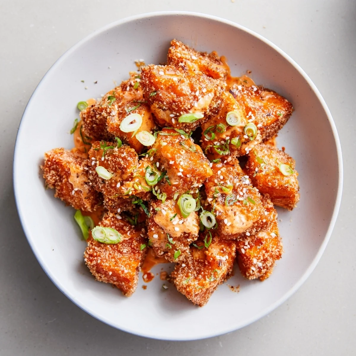 Aromatic Bang Bang Salmon Bites Recipe served over jasmine rice with scallions