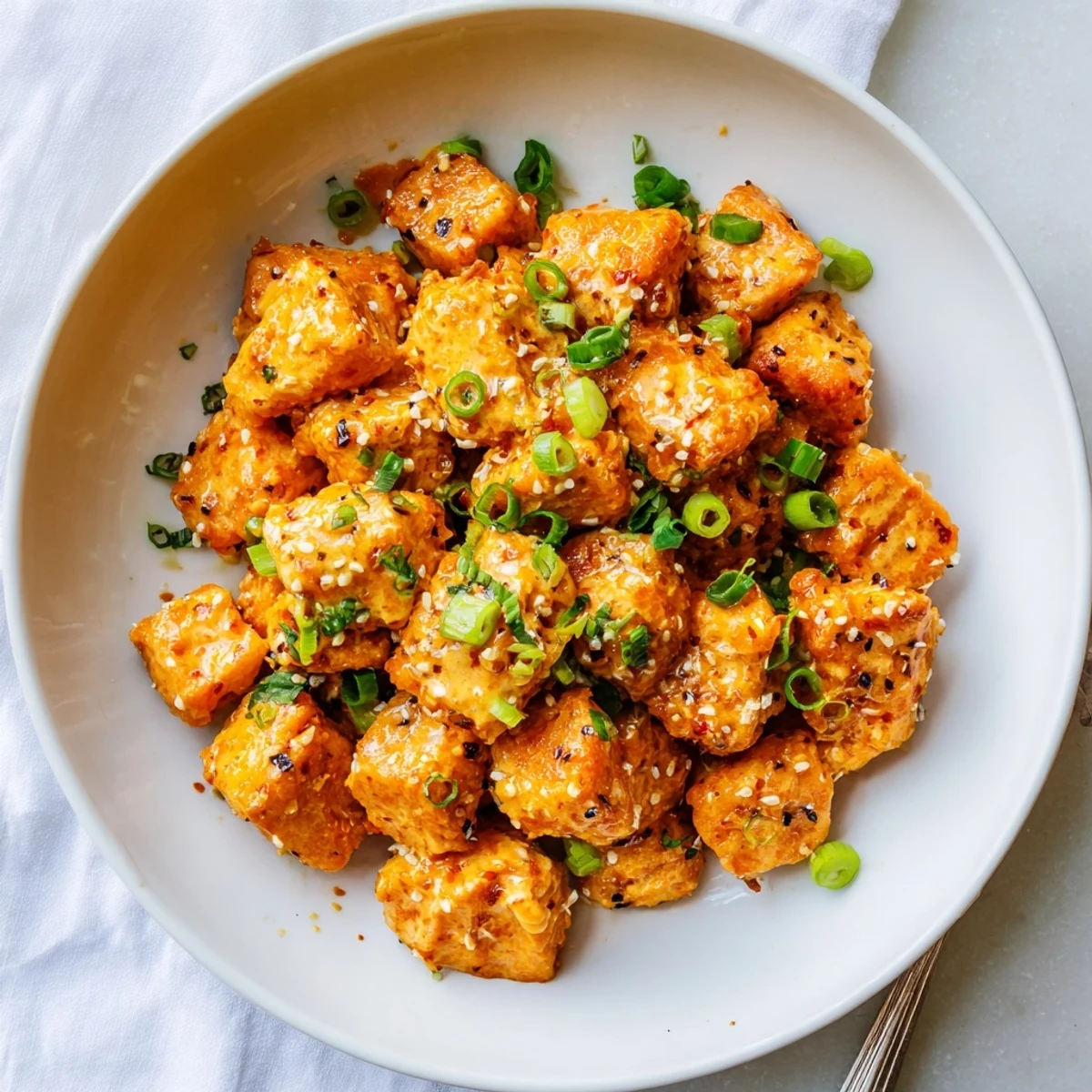 Homestyle Bang Bang Salmon Bites Recipe: crunchy pan-fried pieces ready for parties