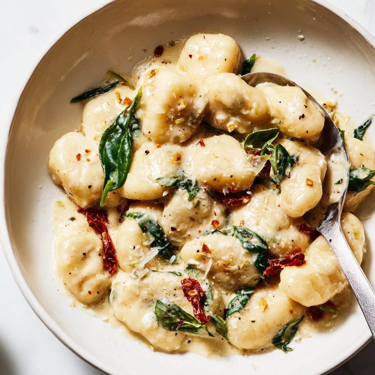 Creamy Marry Me Gnocchi steaming in skillet with basil and grated Parmesan  