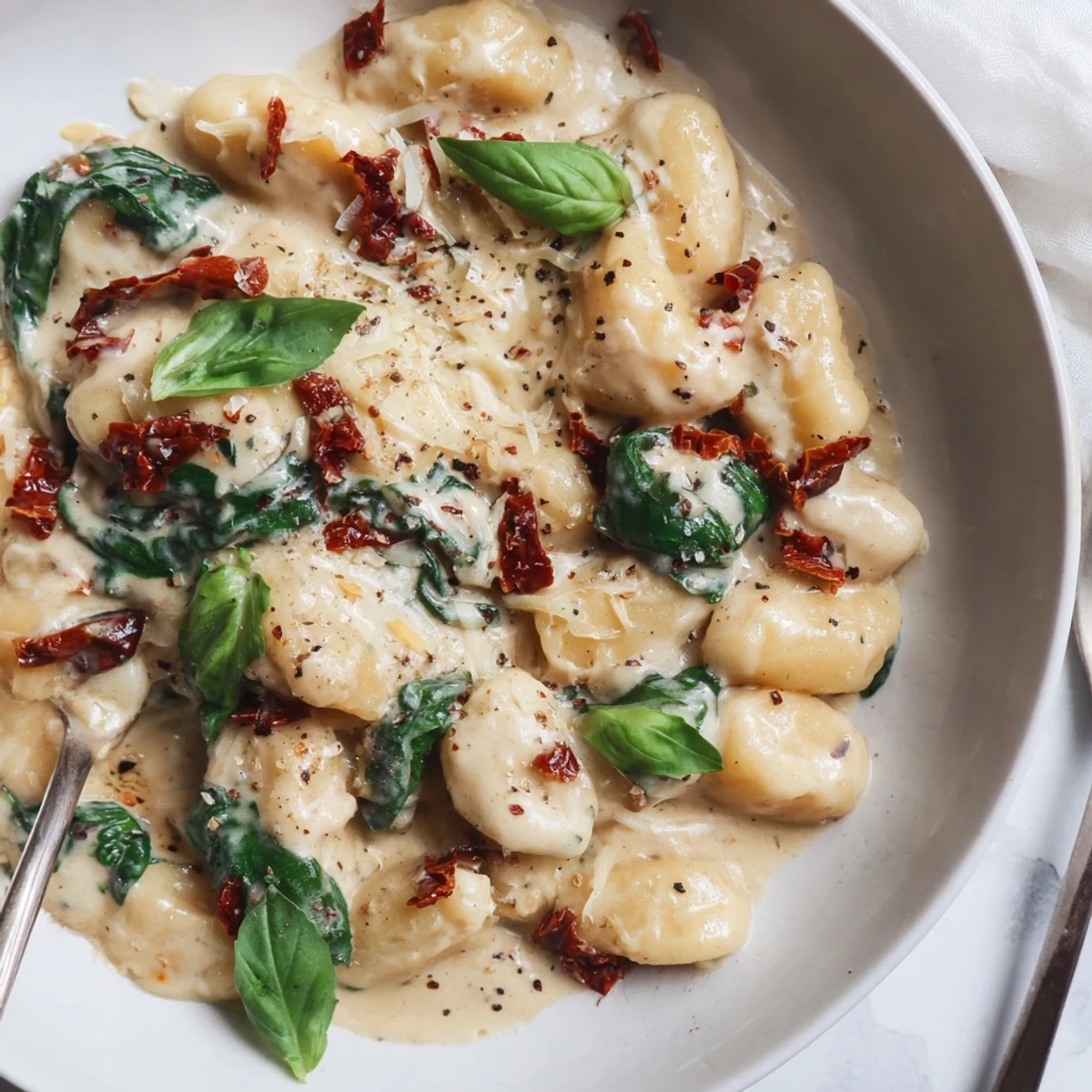 Buttery Marry Me Gnocchi tossed with sun-dried tomatoes and wilted spinach  
