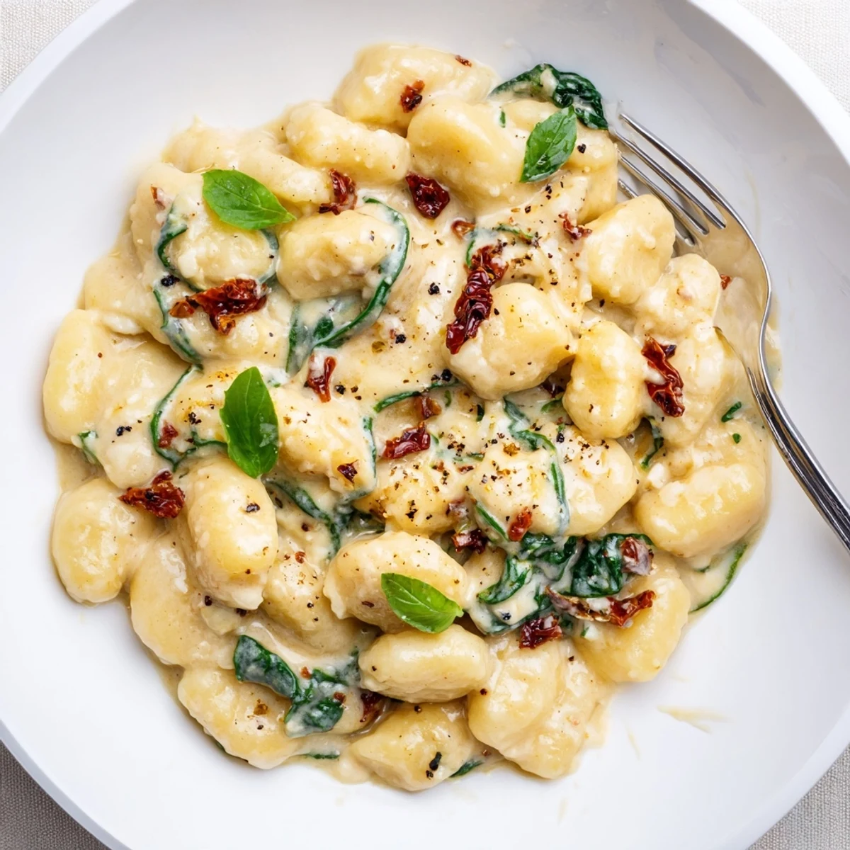 Comforting Marry Me Gnocchi coated in silky cream sauce, topped with cracked pepper