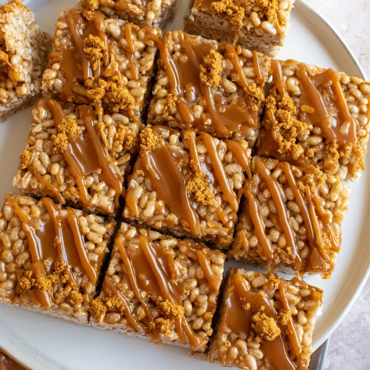 Stacked Biscoff Rice Krispie Treats sprinkled with crushed cookies, chewy, caramel aroma