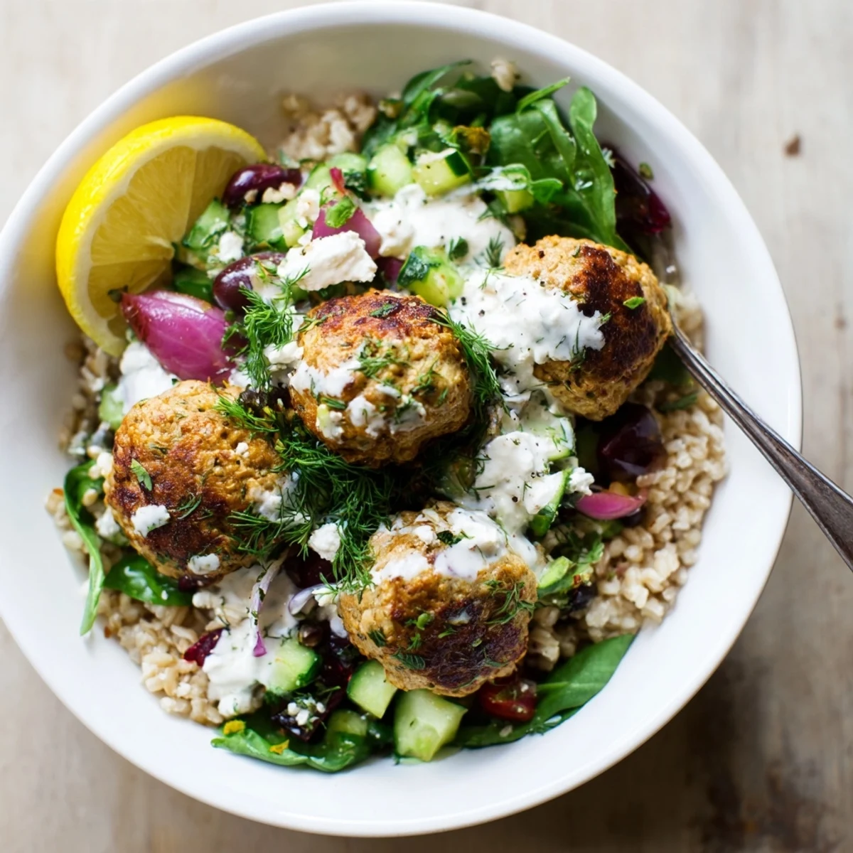 Bright Turkey Mediterranean Meatballs Bowl served over quinoa with tangy yogurt sauce