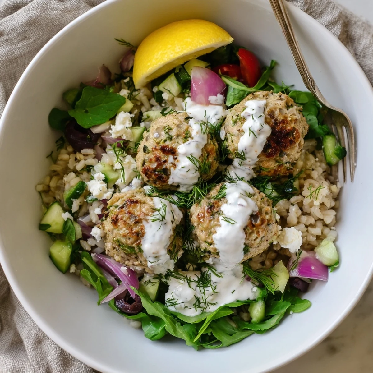 Turkey Mediterranean Meatballs Bowl showcasing golden-baked rounds, vibrant veggies, lemon wedge