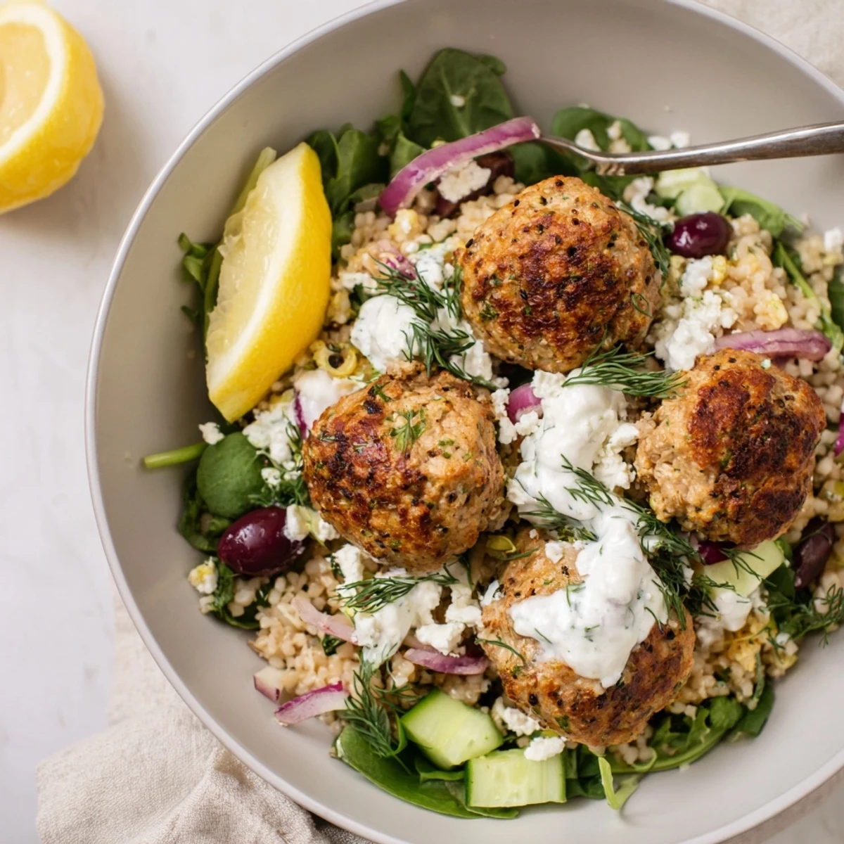 Oven-roasted Turkey Mediterranean Meatballs Bowl garnished with crumbled feta and fresh herbs