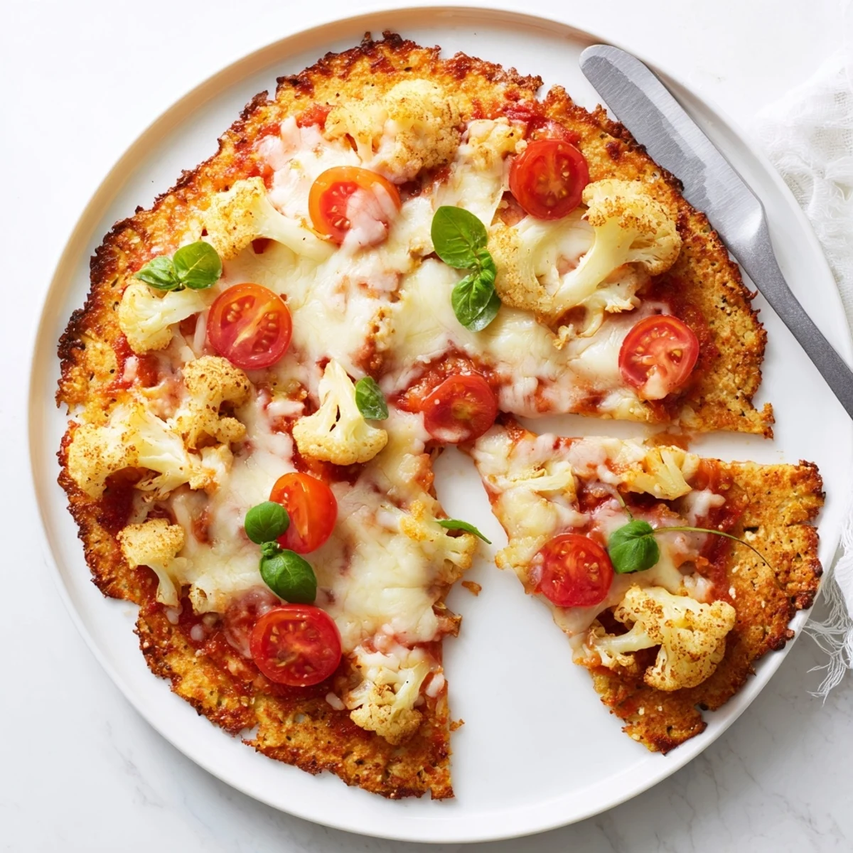 Stone Baked Cheesy Cauliflower Keto Pizza sizzling out of a hot oven