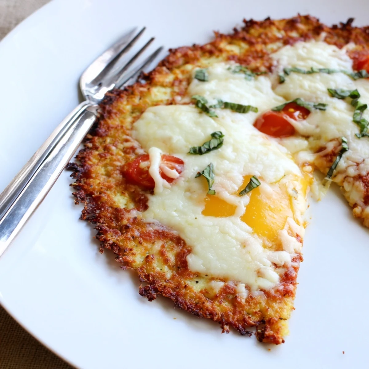 Slice of Stone Baked Cheesy Cauliflower Keto Pizza with bubbling golden cheese