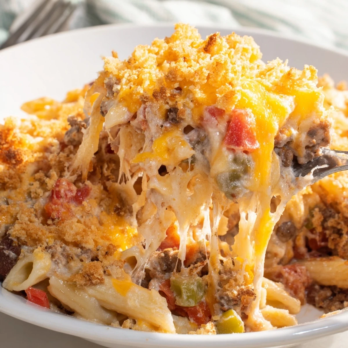 Hearty Cheesy Baked Casserole bubbling golden, with browned edges and melted cheese