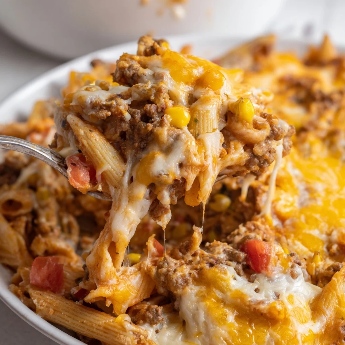 Warm family style dish, Hearty Cheesy Baked Casserole served with salad and bread