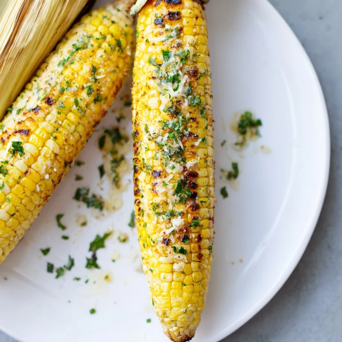 Charred ears of Garlic Parmesan Corn On The Cob ready to eat  