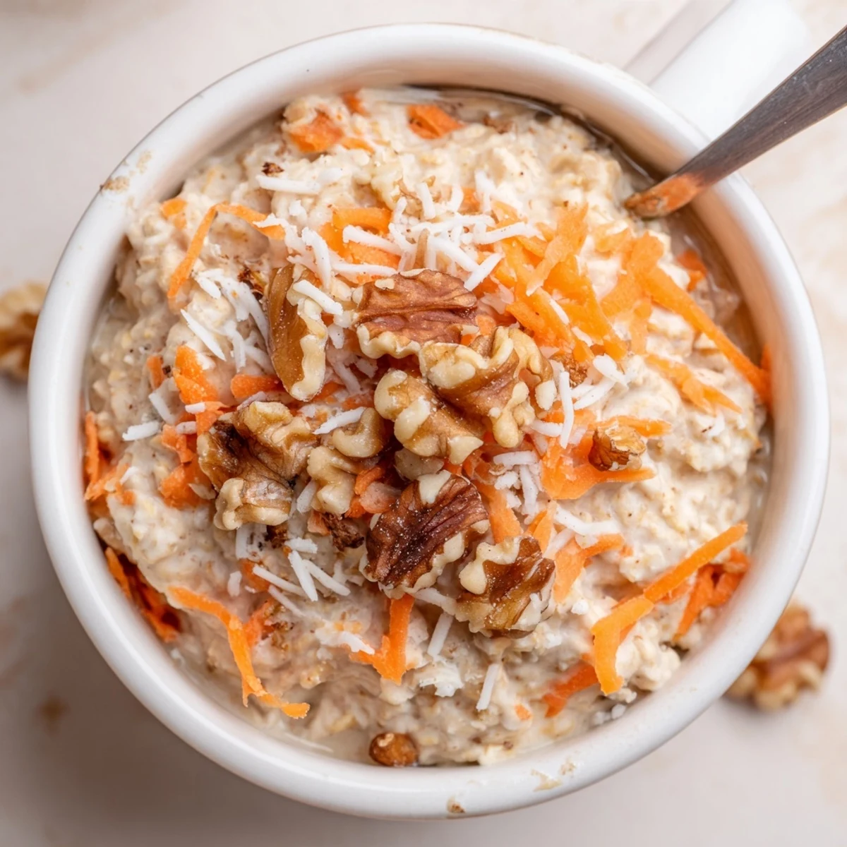 Creamy Carrot Cake Overnight Oats in a jar, with chopped nuts and chilled.