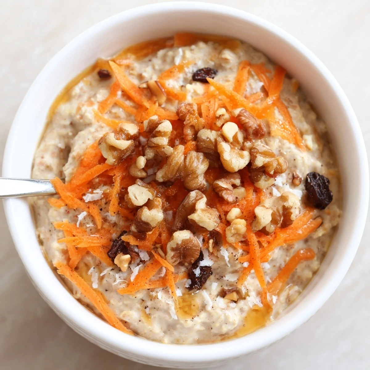 Spiced Carrot Cake Overnight Oats topped with crunchy walnuts and maple syrup.