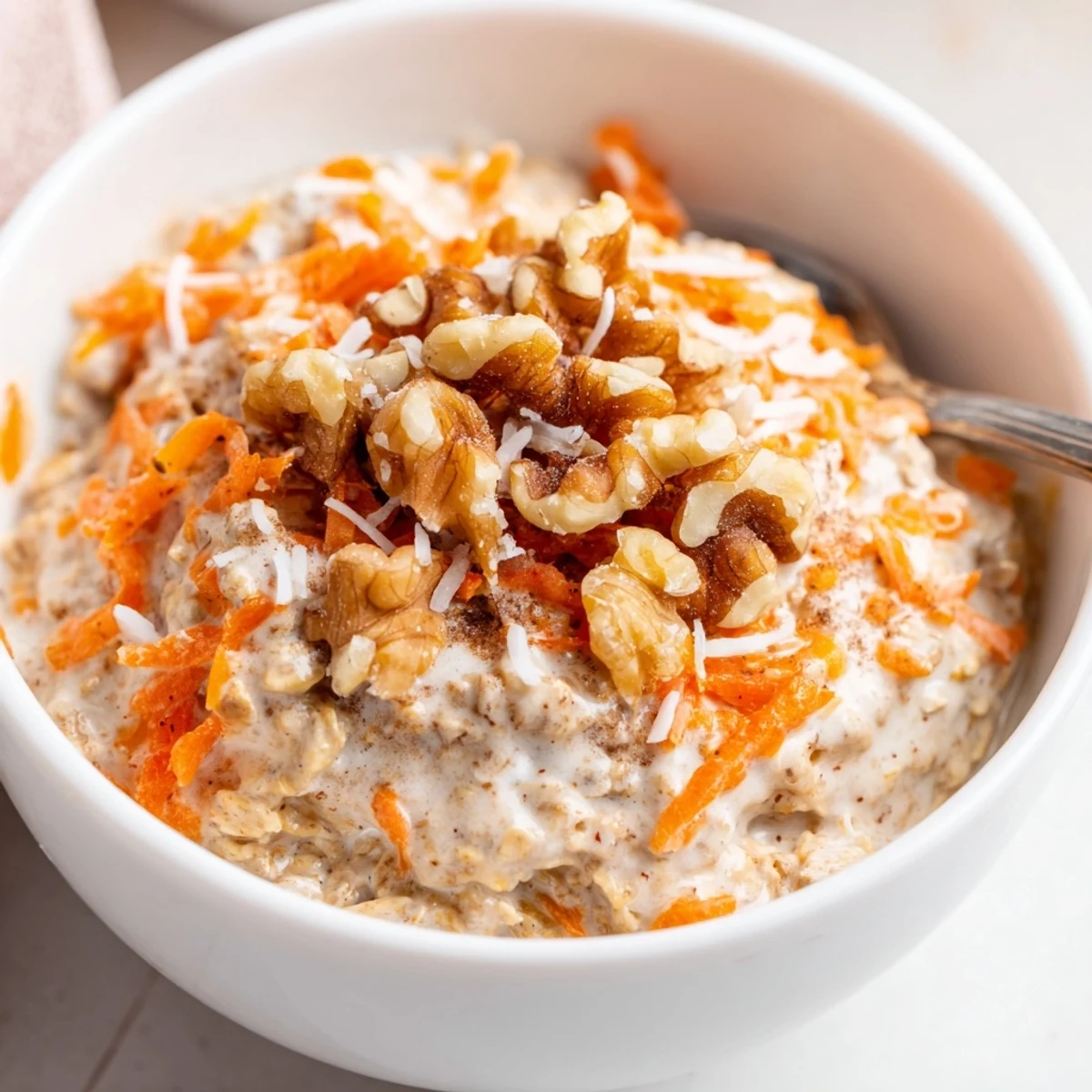 Breakfast ready Carrot Cake Overnight Oats stirred smooth, topped with shredded coconut.