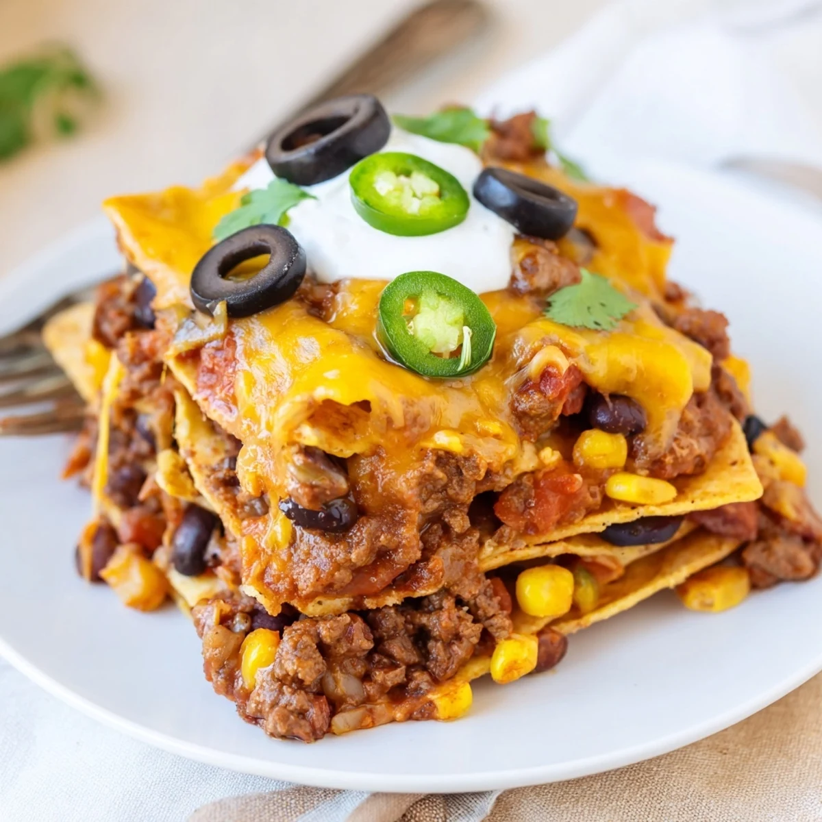 Warm Cheesy Nacho Casserole topped with sour cream, cilantro, and sliced jalapeños