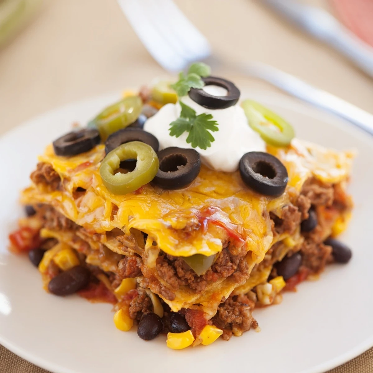 Layered Cheesy Nacho Casserole served straight from oven, crispy chips, gooey cheese